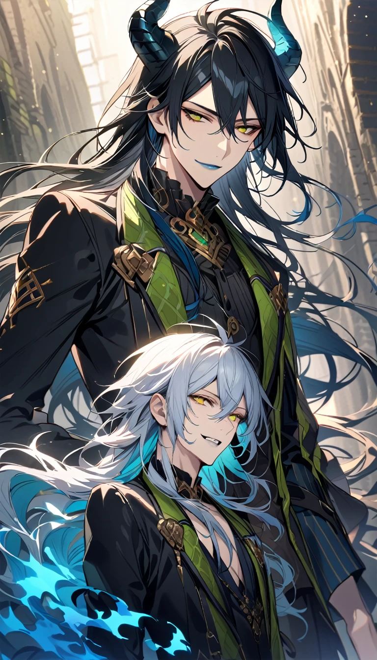 (pieces fly), (highest quality), very detailed, ((two men)), perfect face, beautiful face, very detailed face，(black haired man:1.3)，(white haired man:1.3)，suit，shirt，smile，flower, (1st boy,Idia Shroud, bishounen, boy, male, extremely long hair, blue hair, blue fire hair, wavy hair, yellow eyes, tired expression, blue lips, handsome, skinny, geeky, blue glow, shark teeth,) (2nd boy, malleus draconia \(twisted wonderland\) horns, bishounen, boy, male, long hair, black hair, yellow green eyes, smile, gray lips, handsome, skinny, tall, yellow green glow,) 