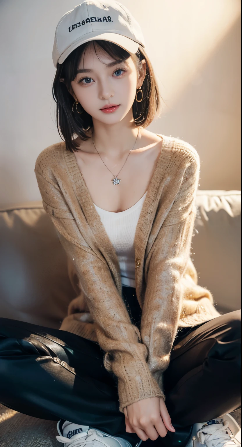 (Short-haired women),(off shoulder sweater,Oversized sweater),(hidden shorts),(sit cross-legged,Put your hands on your thighs),on top of bed,Moderate,deep,best quality,masterpiece,Enlightenment,very delicate and beautiful,Very fine skin,CG,Unite,8k wallpaper,amazing,detailed,高度detailedCG Unite 8k wallpaper,Huge file size,high resolution,Handsome and delicate woman,非常detailed眼睛和脸部, Stunningly detailed eyes,There is light on the face,(最佳Enlightenment:1.1),(the darkest:1.1),超high resolution,(lifelike:1.1),(lifelike1.2:1.1),lifelike面部比例,Slim,Smile,(蓬松的black eyes:1.21),black eyes,looking at the audience,deep棕色头发,ear nipple ring,necklace,hairpin,full-body shot,(Irregular skin blemishes,vein,birthmark,Skin Wrinkles,pores:1.2),(Pitch black night background: 1.2), (Bokeh: 1.4),