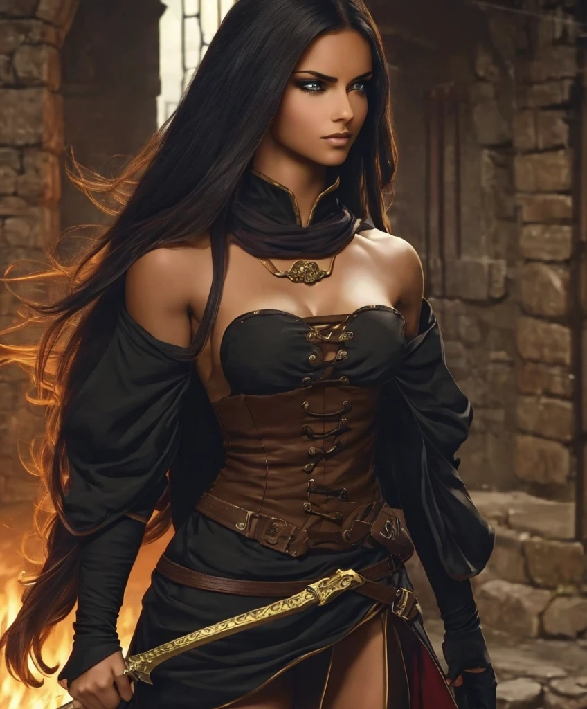 (((Single character image.))) (((1girl))) (((Dressed in medieval fantasy attire.))) (((Solo))) (((Generate a darkly sexy female character for a fantasy setting.))) (((Appears to be 20 years old with youthful looks.)))Generate a female character in a fantasy tropical setting. She dresses in swashbuckler fashion, looks dangerous and sexy and seems like an ideal fantasy character. best quality:1.0,hyperealistic:1.0,photorealistic:1.0,madly detailed CG unity 8k wallpaper:1.0,masterpiece:1.3,madly detailed photo:1.2, hyper-realistic lifelike texture:1.4, picture-perfect:1.0,8k, HQ,best quality:1.0,