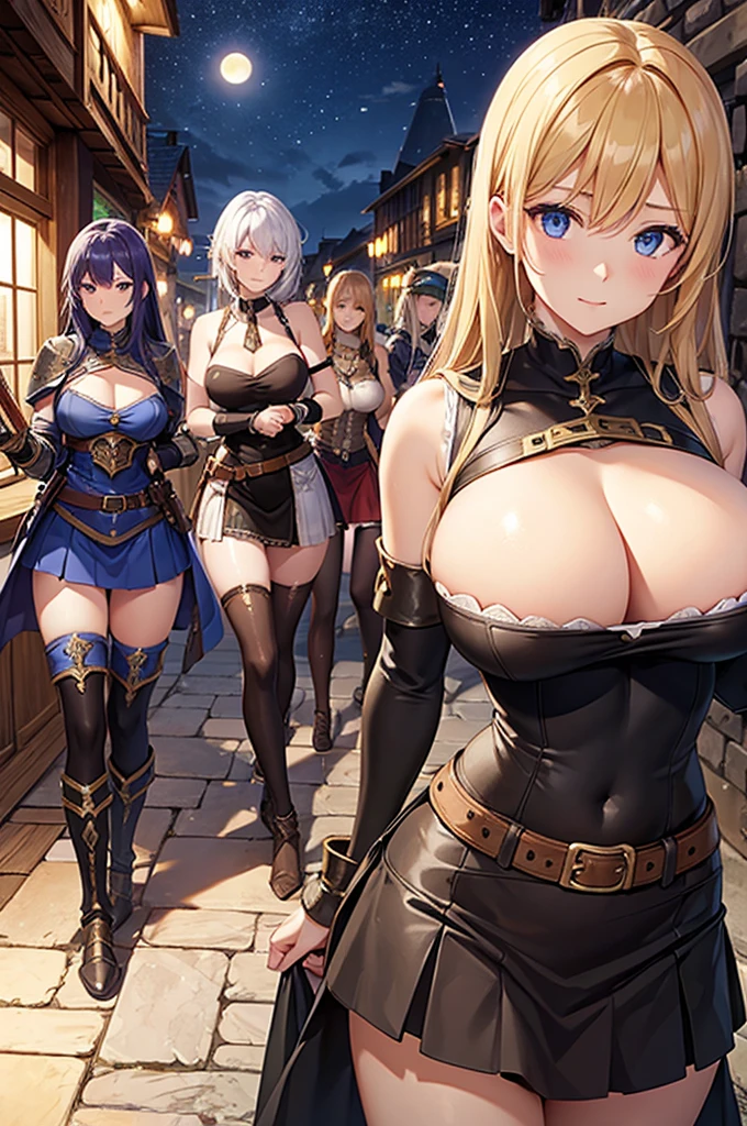 A group of female adventurers set in a medieval fantasy world, (At the pub), Mr..々Hairstyle, Harem, night, detailed aspects, Short skirt, Seduce, Sleeveless, armor 、Showing panties、Huge breasts、Big Ass、Wide waist
