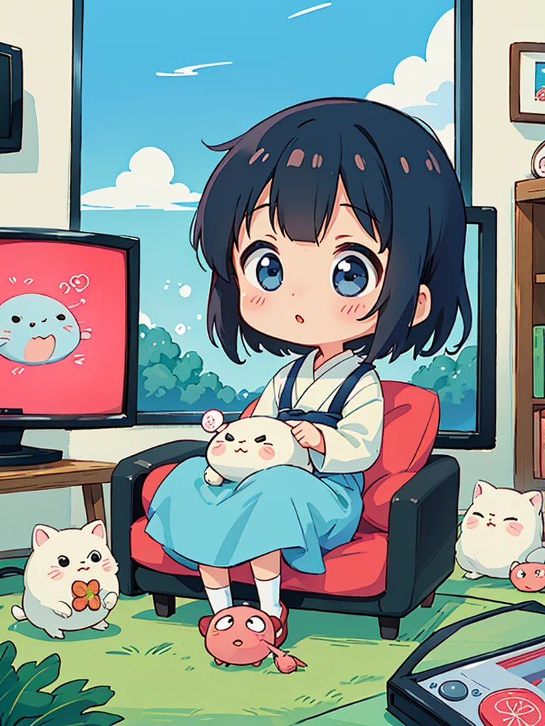 hayao miyazaki style, Kawaii Design, The most beautiful girl of all time、Chibi, (((ニュースアナウンサー))), (((TV)))