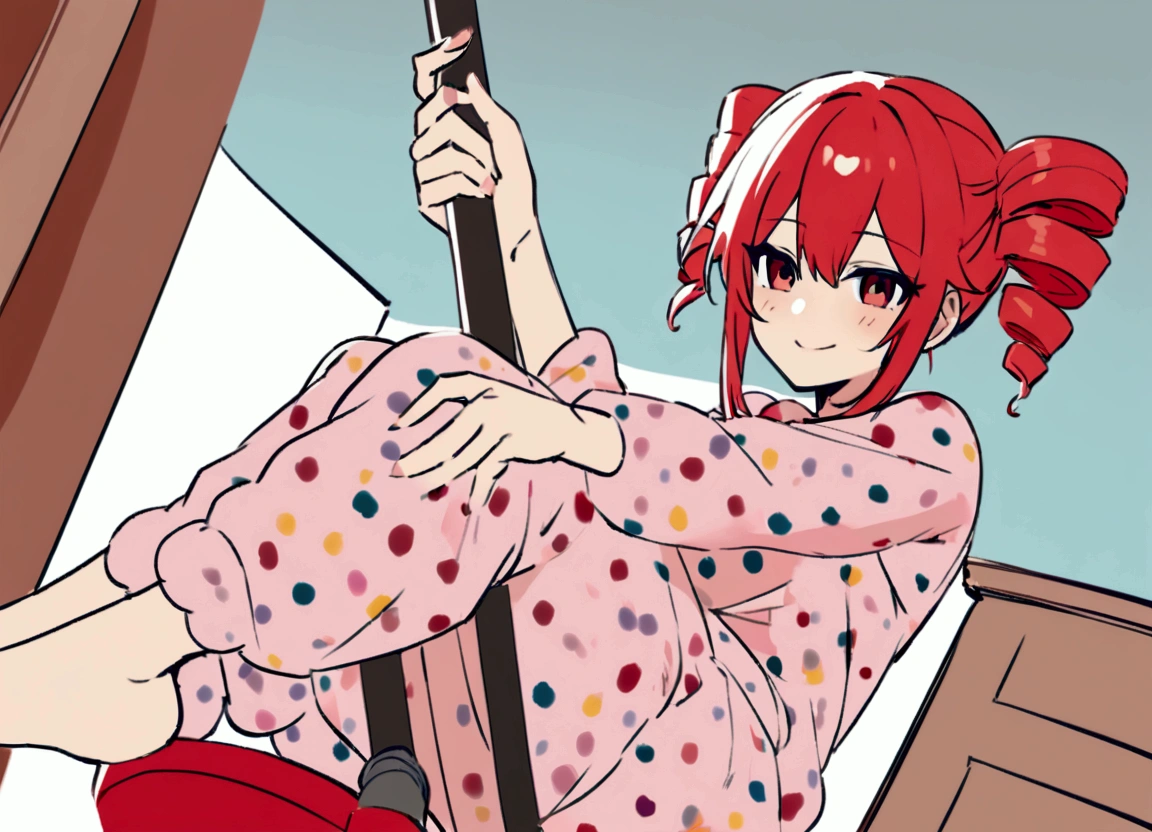 Red hair, loungewear, holding vacuum cleaner, smiling