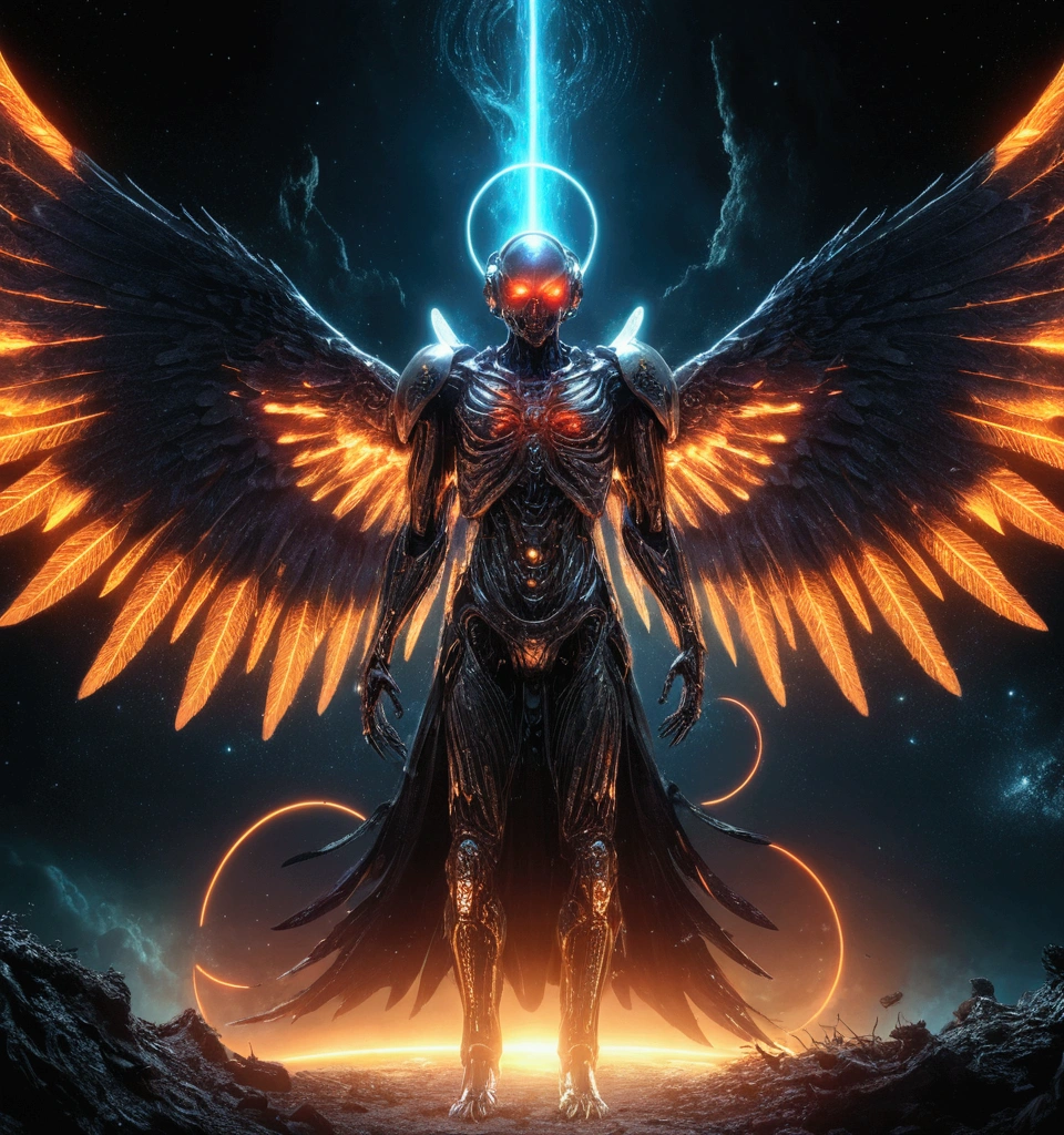 Fallen Angel of Space, Glowing Eyes, Biomechanical, spooky, Spooky, Nightmare, Very bright color, Light Particles, The light shines, Musif, Wallpaper Art, UHD wallpaper