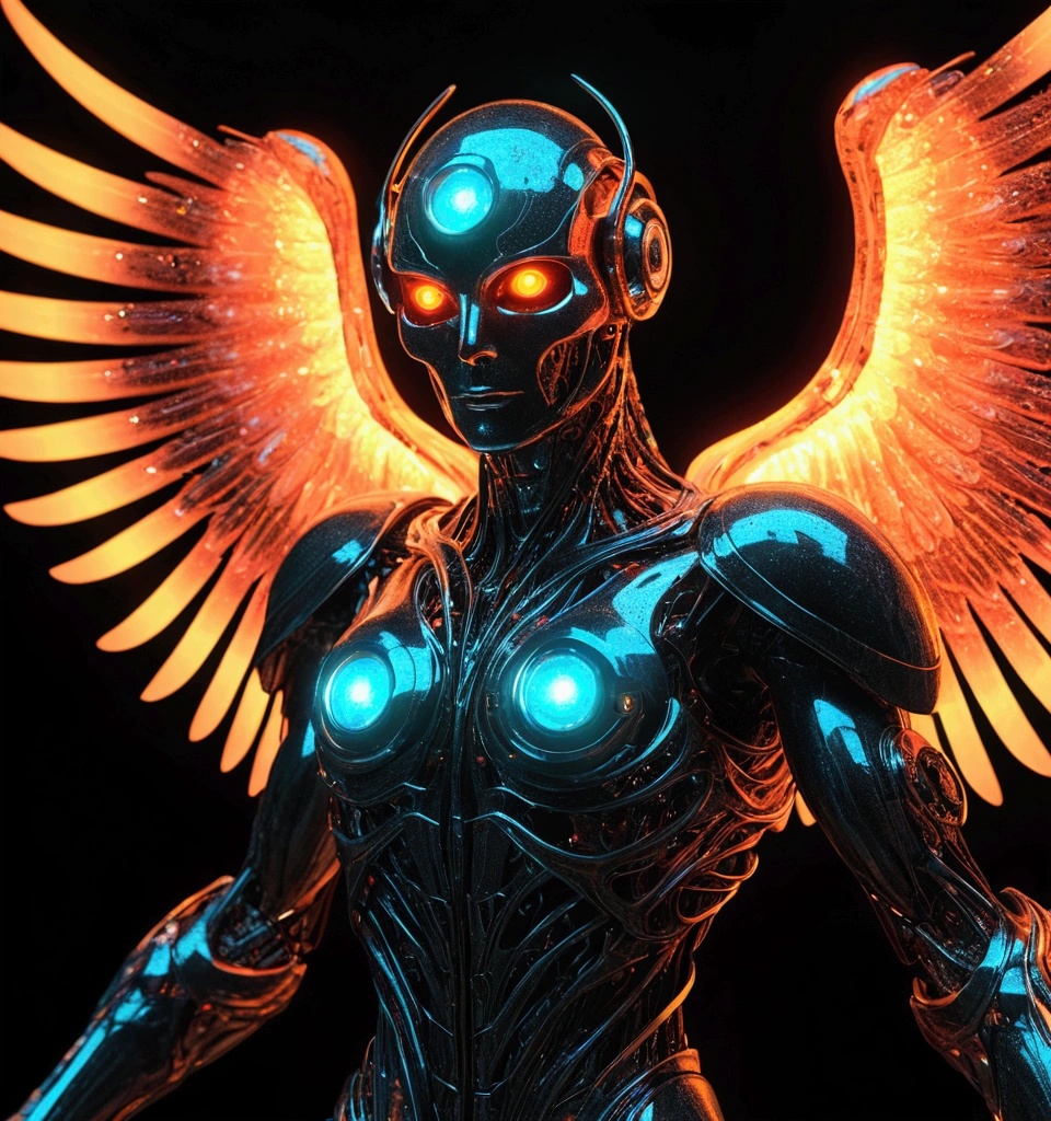 Fallen Angel of Space, Glowing Eyes, Biomechanical, spooky, Spooky, Nightmare, Very bright color, Light Particles, The light shines, Musif, Wallpaper Art, UHD wallpaper