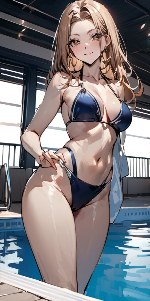((Hands beside the body)),((Highest quality、masterpiece:1.3))、Long legs、Sharp focus:1.2, Beautiful woman with perfect figure:1.4、(Smiling:1.2), double eyelid、30-year-old female、Sexy pose、((((One Woman、bikini)))),(((((one women,pool side:1.5)))))、((standing, cowboy shot:1.5))、