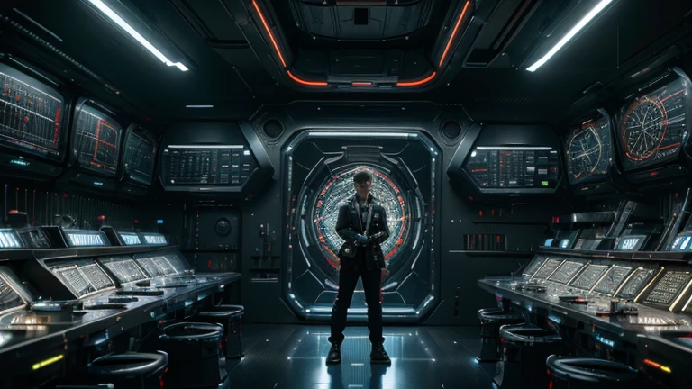 a futuristic laboratory with advanced technology, a young scientist working on a time machine with flashing lights and intricate gears, 1 scientist, complex machinery, time machine, flashing lights, gears, futuristic interior, advanced technology, intricate details, cinematic lighting, moody atmosphere, vibrant colors, hyper-detailed, masterpiece, photorealistic, 8k, by artstation