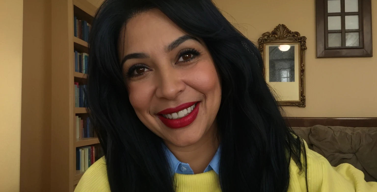 1woman, She is wearing a yellow sweater over a blue shirt collared shirt, (lipstick)), (smiling), ((Hispanic)), 45 years old, happy, smiling, ((black hair)), ((browneyes)), ((Photo-realistic)), (chubby)