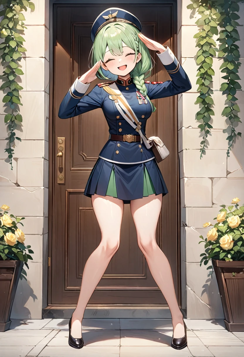 (masterpiece, top quality, very aesthetic, 4k、illustration), intricate detail, 1girl,Standing in front of a wall、(full body)、happy smile、Open mouth、closed eyes、salute、(braid hair)、
Cute 、light green hair、,middle hair,sidelock ,,blue eye、Military uniform、Tight skirt、,medium breasts、Slim 、