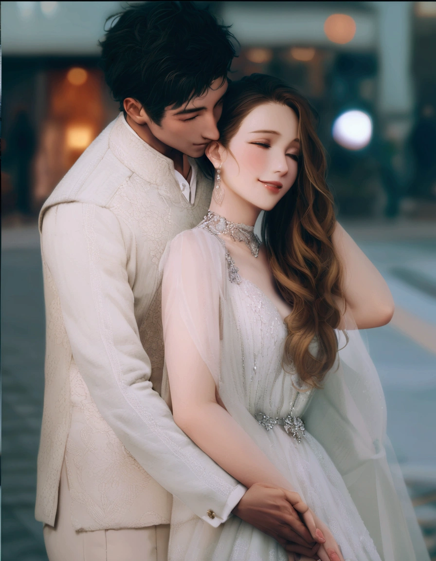 (Masterpiece artwork、maximum quality、high resolution), A night scene on a quiet street where the protagonist says goodbye to a married woman, gentle and elegant person you met through a dating site. The woman with the blonde hair, with a soft and slightly melancholic smile, waves and says, "Let's meet again, OK?" The street lights cast a warm glow, highlighting the intimacy of the moment as they part.