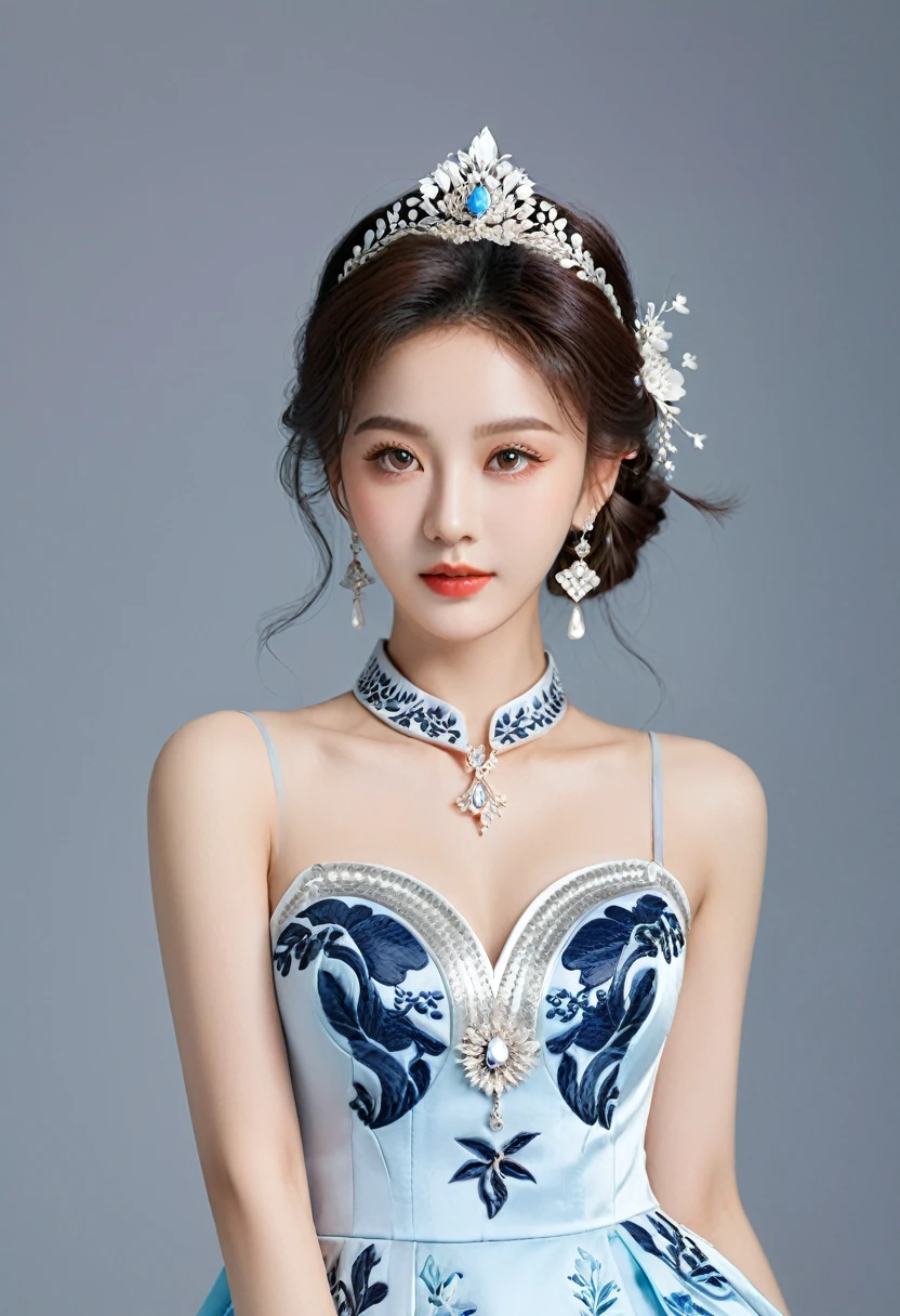 Realistic photo style, whole body 사진에 아름다운 아시아 소녀가 등장합니다., Wearing a unique ethnic style evening gown with delicate skin., bright and lively eyes, Thick eyelashes that look especially attractive. Long dresses are slim and elegant., Eye-catching silver jewelry and alcohol. The high-collar design adds an elegant atmosphere., Color of blue and white porcelain. using light and shadow, The vivid and harmonious appearance of the protagonist is highlighted... whole body, (masterpiece, best quality, professional, perfect composition, very aesthetic, absurd, very detailed, intricate details:1.3)