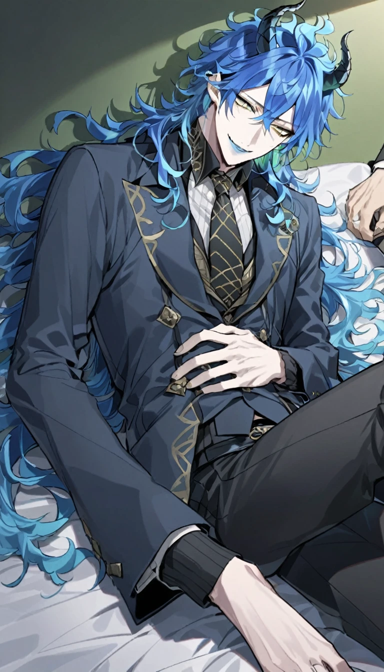 masterpiece, best quality, body shot, a man in business suit lying on a bed with a man dressed in shorts, barefoot, multiple boys, 2boys, male focus, suit, necktie, black pants, formal, pants, (1nd boy, malleus draconia \(twisted wonderland\) horns, bishounen, boy, male, yana Toboso style, long hair, black hair, yellow green eyes, smile, gray lips, handsome, skinny, tall, yellow green glow, gothic anime style), (2st boy,Idia Shroud, bishounen, boy, male, yana Toboso style, extremely long hair, blue hair, blue fire hair, wavy hair, yellow eyes, tired expression, blue lips, handsome, skinny, tall, geeky, blue glow, shark teeth, gothic anime style,) 2boy, bangs, lesbian+, small breast, (looking down at another:1.5), small breasts, late teens, (look at each other:1.5), (school uniform), A 18 year old, somewhat muscular male, (Note: The human body should be accurately depicted biologically and anatomically.) Two men are hugging each , looking at viewer,