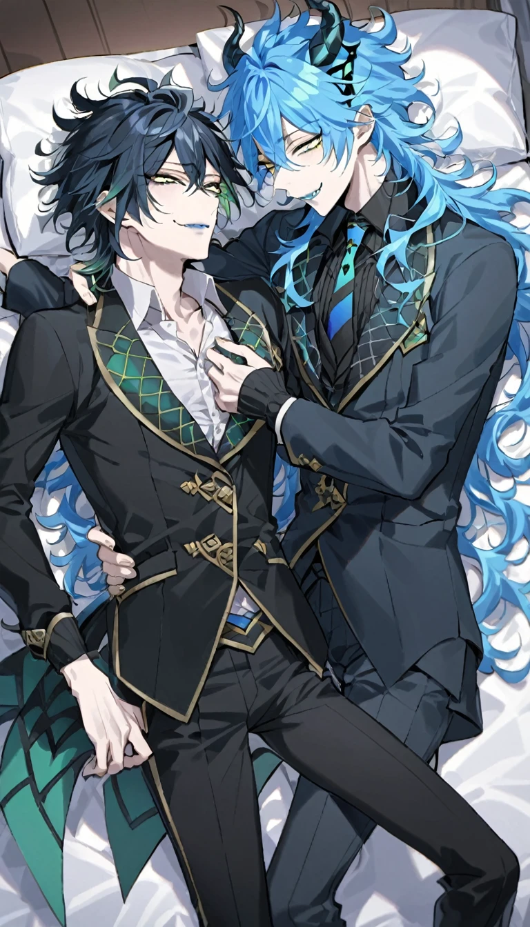 masterpiece, best quality, body shot, a man in business suit lying on a bed with a man dressed in shorts, barefoot, multiple boys, 2boys, male focus, suit, necktie, black pants, formal, pants, (1nd boy, malleus draconia \(twisted wonderland\) horns, bishounen, boy, male, yana Toboso style, long hair, black hair, yellow green eyes, smile, gray lips, handsome, skinny, tall, yellow green glow, gothic anime style), (2st boy,Idia Shroud, bishounen, boy, male, yana Toboso style, extremely long hair, blue hair, blue fire hair, wavy hair, yellow eyes, tired expression, blue lips, handsome, skinny, tall, geeky, blue glow, shark teeth, gothic anime style,) 2boy, bangs, lesbian+, small breast, (looking down at another:1.5), small breasts, late s, (look at each other:1.5), (school uniform), A 18 year old, somewhat muscular male, (Note: The human body should be accurately depicted biologically and anatomically.) Two men are hugging each , looking at viewer,