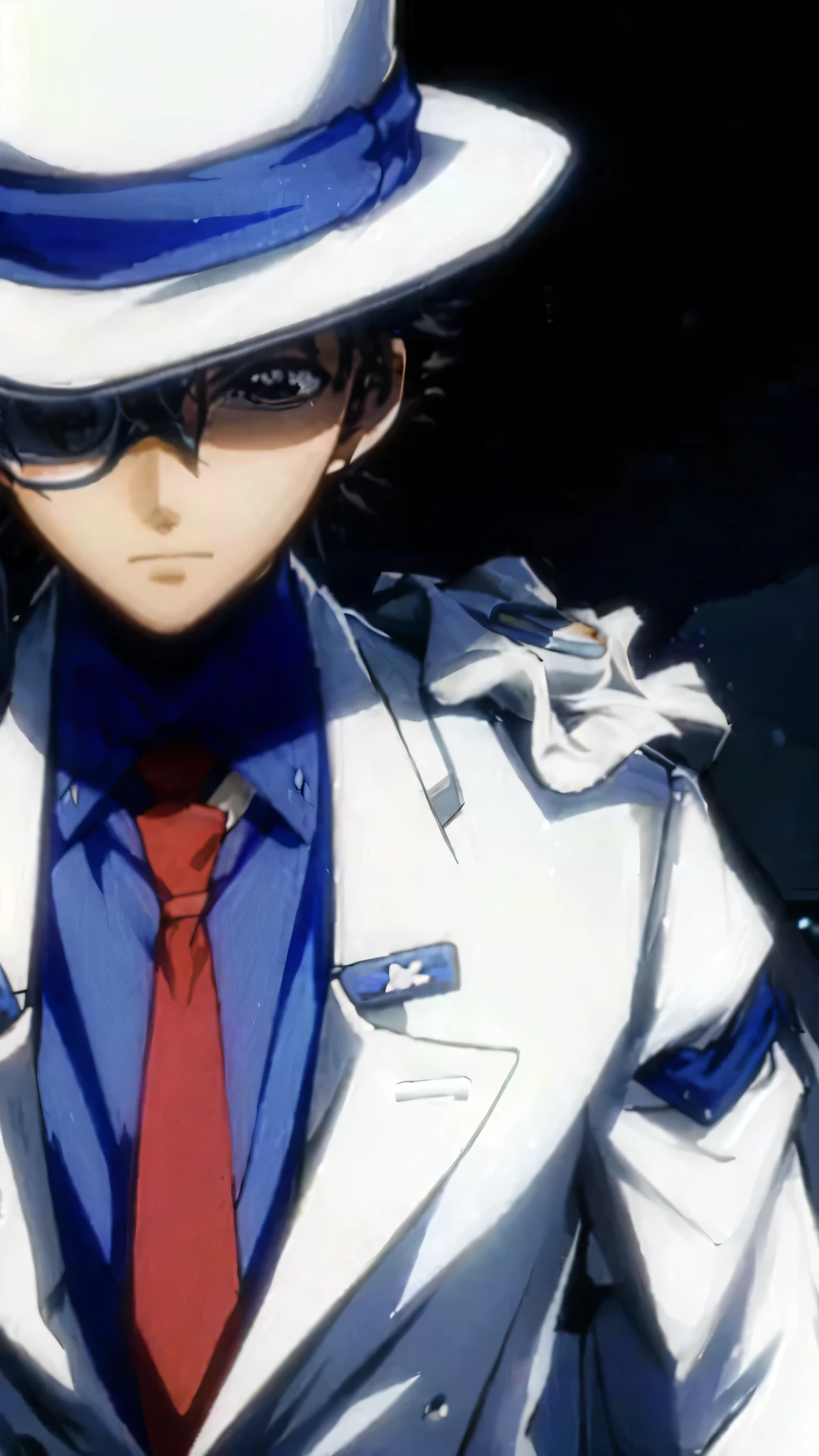 Close-up of a person wearing a white hat and white coat, Shinji, yukio - e, yu - no, akiyuki shinbou, 2Danime, anime, Katekyo Hitman Reborn, yukito kishiro, 青い目をした背の高いanimeの男, shinichi sakamoto, Avatar Image, jotaro kujo