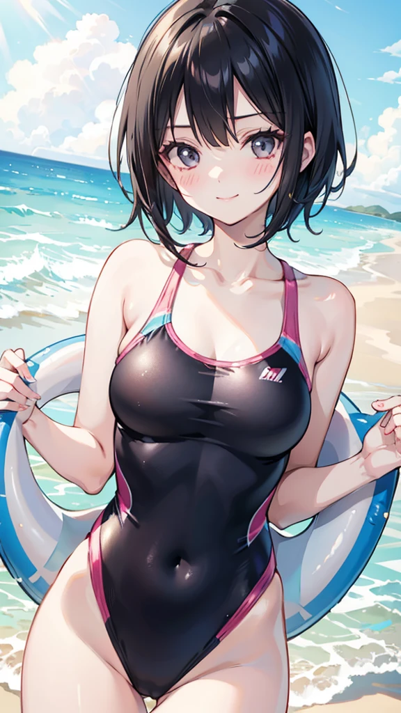 One piece type competitive swimsuit　Black Bob Hair　Great style　blush　smile　Directly facing