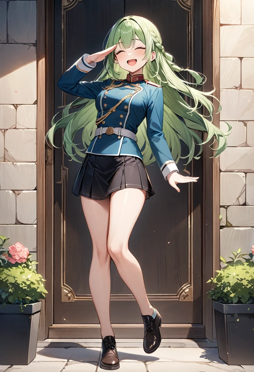 (masterpiece, top quality, very aesthetic, 4k、illustration), intricate detail, 1girl,Standing in front of a wall、(full body)、happy smile、Open mouth、closed eyes、salute、(braid hair)、
Cute 、light green hair、,middle hair,sidelock ,,blue eye、Military uniform、Tight skirt、,medium breasts、Slim 、