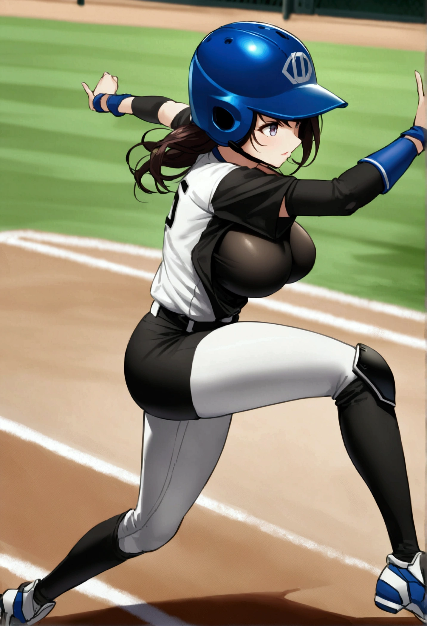 Future female baseball players, The baseball uniform of the future will be form-fitting with elbow and knee protectors, text on her chest of shirt is "Tigers",(button gap:-1), tight fitted long pants, knee pad, elbow pad, Baseball helmet with decorative lettering "T", big covered breasts, dynamic pose, action, baseball diamond background,