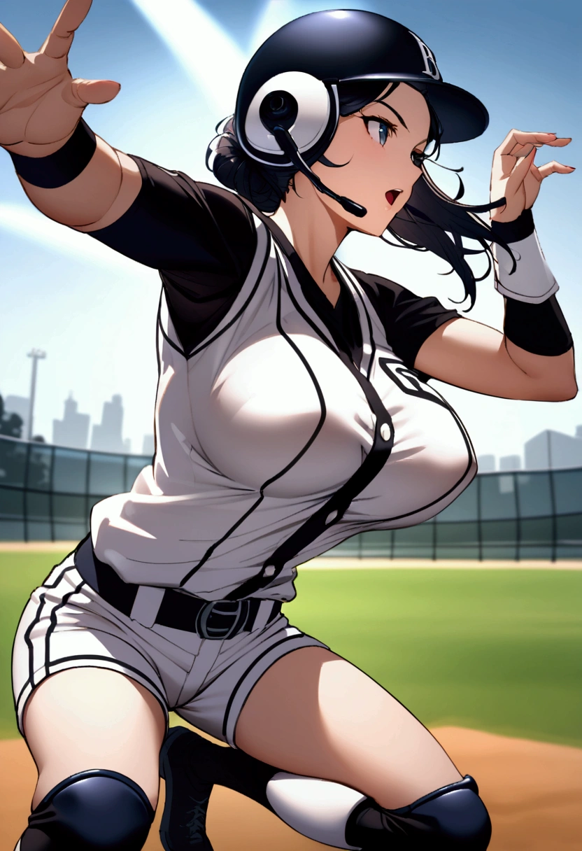 Future female baseball players, The baseball uniform of the future will be form-fitting with elbow and knee protectors, text on her chest of shirt is "Tigers",(button gap:-1), tight fitted long pants, knee pad, elbow pad, Baseball helmet with decorative lettering "T", big covered breasts, dynamic pose, action, baseball diamond background,