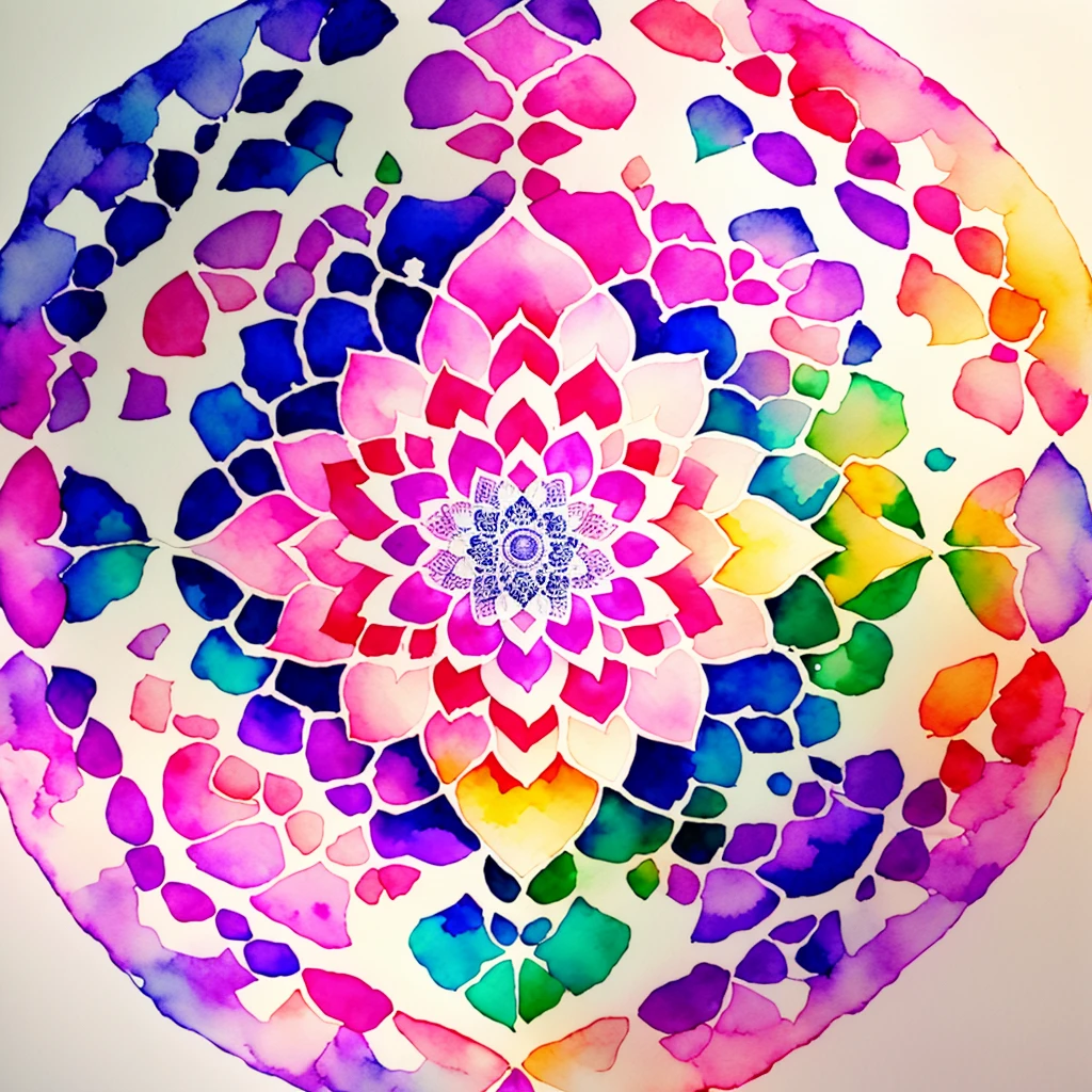 Rhombic flower painting in the middle, pastel coloring, colorful pastel, pastel simple art, lotus mandala, mandala art, pen in light colors on white background, (watercolor)), colorful mandala, colorful pastel, by Hiroshi Arakawa, mandala, vivid, detailed art of watercolor, mandala, pink gradient bloom