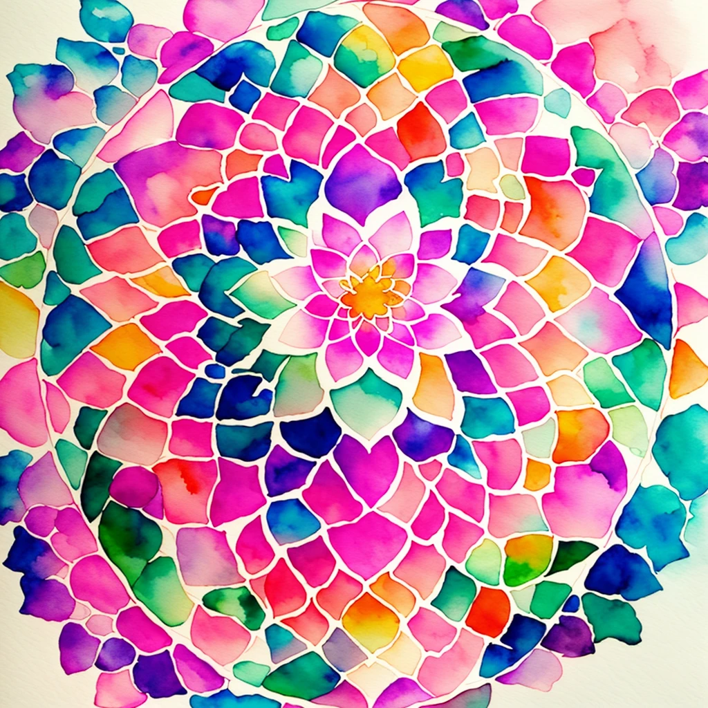 Rhombic flower painting in the middle, pastel coloring, colorful pastel, pastel simple art, lotus mandala, mandala art, pen in light colors on white background, (watercolor)), colorful mandala, colorful pastel, by Hiroshi Arakawa, mandala, vivid, detailed art of watercolor, mandala, pink gradient bloom