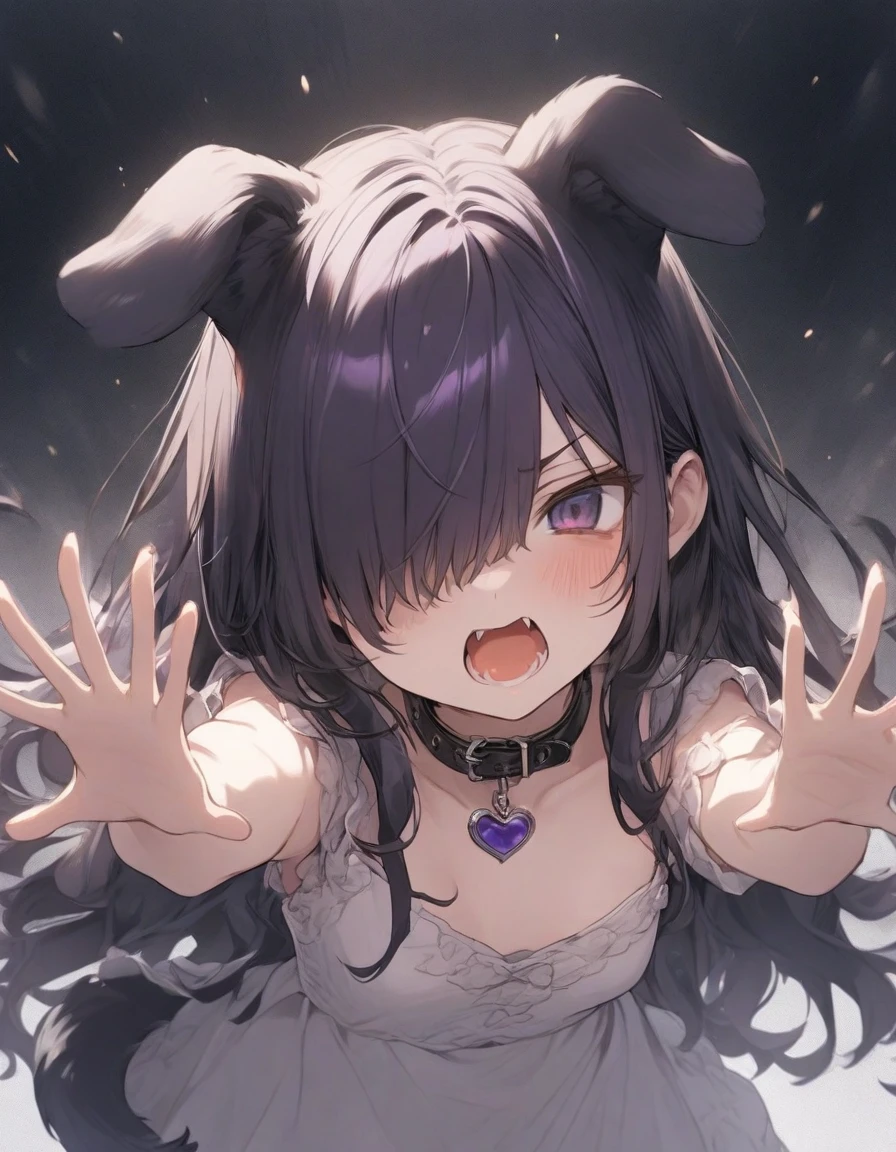 cute dress,angry,open mouth,standing,、、、purple ribbon,,,heart_brooch,{masterpiece), best quality, illustration, (1girl), , expressionless,,, (small breasts:1.2).rib, flat chest, ,,(purple hair:1.25),,bags_under_eyes,, (hair over one eye:1.25),,, , jimiko, long hair,big hair, {{shaded face}},, , {shaded face}, ,1girl, wince,,, darkness, dog ears,dog tail, collar,(raise both hands:1.3), threatening pose, "gao" pose, raise chin,1girl,arm up,