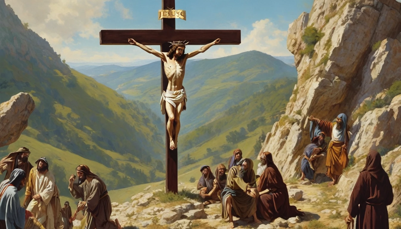 create image of Jesus Christ on the Cross, alongside two thieves also crucified, on the mountain called skull, in the heat of the day, image with biblical characters