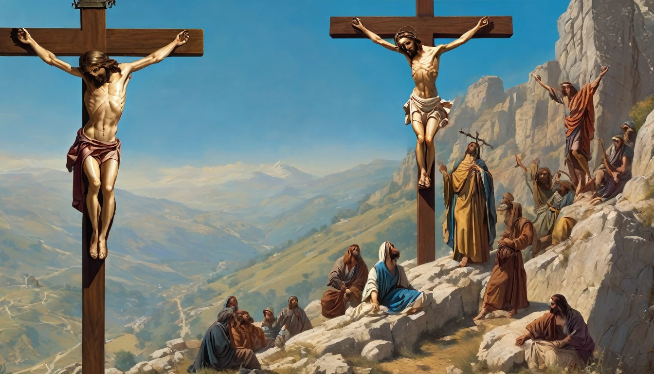 create image of Jesus Christ on the Cross, alongside two thieves also crucified, on the mountain called skull, in the heat of the day, image with biblical characters