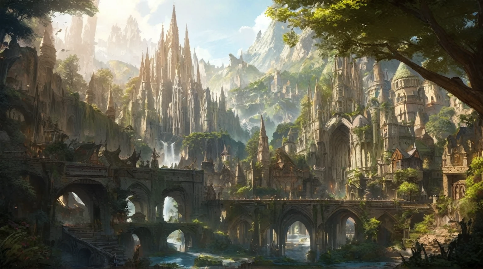 there is a picture of a fantasy city in the middle of a mountain, elven city, epic rivendell fantasy, elven architecture, elven palace of ghemathar, highly detailed fantasy art, fantasyconcept art, high fantasy matte painting, impressive fantasy landscape, epic fantasy concept art, fantasy capital city, medeival fantasy town, medieval fantasy landscape, masterpiece, highly detailed