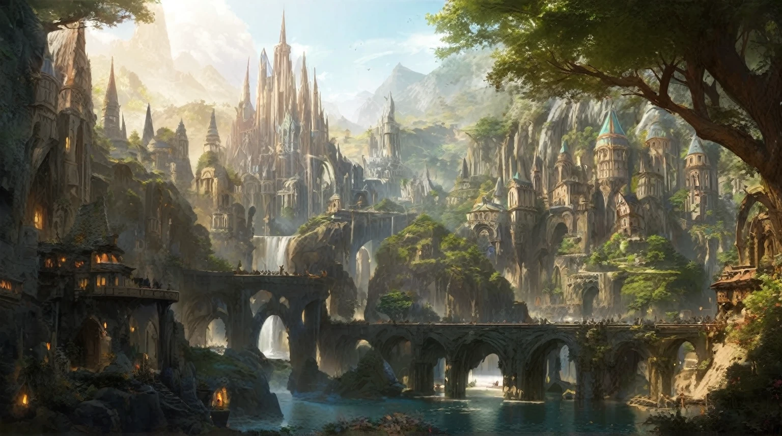 there is a picture of a fantasy city in the middle of a mountain, elven city, epic rivendell fantasy, elven architecture, elven palace of ghemathar, highly detailed fantasy art, fantasyconcept art, high fantasy matte painting, impressive fantasy landscape, epic fantasy concept art, fantasy capital city, medeival fantasy town, medieval fantasy landscape, masterpiece, highly detailed