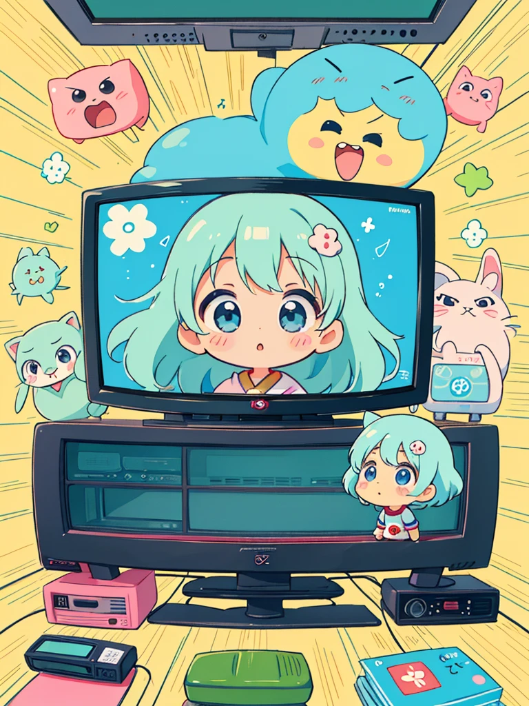 hayao miyazaki style, Kawaii Design, The most beautiful girl of all time、Chibi, (((ニュースキャスター))), (((TV))), (((マイクロフォン)))