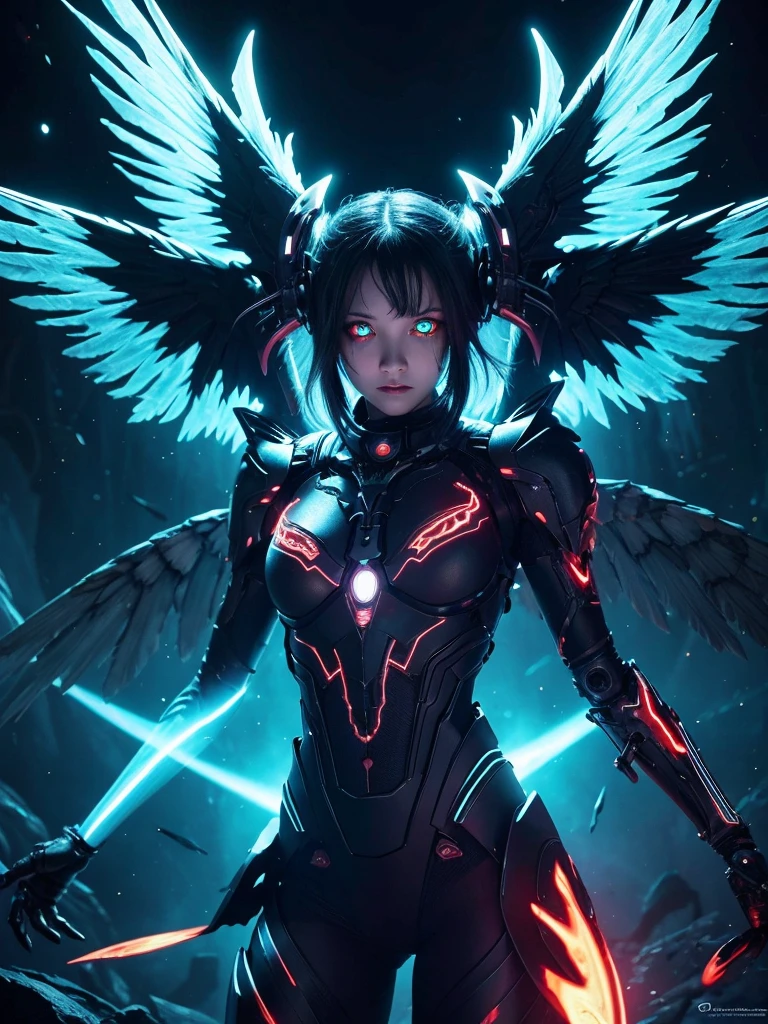 Fallen Angel of Space, Glowing Eyes, Biomechanical, spooky, Spooky, Nightmare, Very bright color, Light Particles, The light shines, Musif, Wallpaper Art, UHD wallpaper