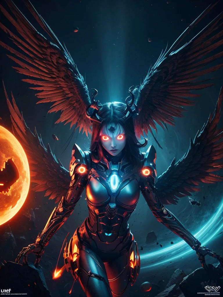 Fallen Angel of Space, Glowing Eyes, Biomechanical, spooky, Spooky, Nightmare, Very bright color, Light Particles, The light shines, Musif, Wallpaper Art, UHD wallpaper