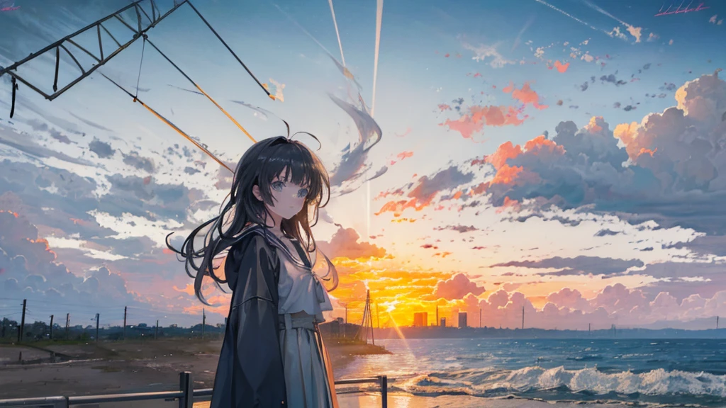 (masterpiece, highest quality:1.2), highest quality, masterpiece, high resolution, anime style, Skyscape, ultra detailed, Skyscape illustration, realistic, super wide sky, sky as far as the eye can see, sea of clouds, morning glow, Orange-tinged gradient sky, Telephone poles penetrating the clouds, Large number of poles, Unrealistic, horizon, morning sky, coverd in the cloud