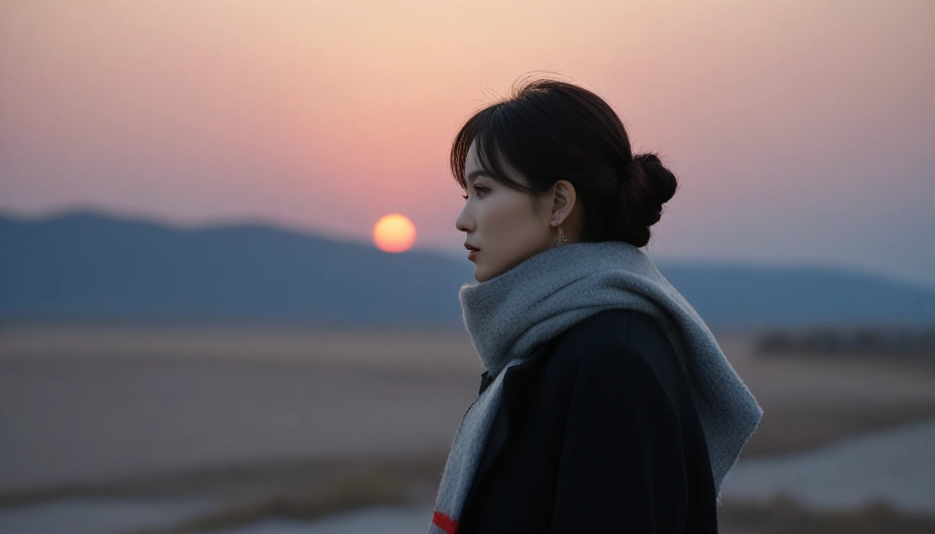 8K, 超high resolution, best quality, masterpiece, surreal, painting,A three-part method, 1 woman, (36 years old:1.3),  korean women,(wearing a long winter coat and scarf、Thin black double sided updo :1.5)、(The woman turned around with a very sad expression., 겨울 해변에서 바람에 휘날리는 short medium hair 그녀의 머리카락:1.5)、(blurred background:1.5)、(red sky at sunset:1.5)、(complete anatomy:1.5) (full finger:1.3)、realistic、生painting、tabletop、best quality、high resolution、delicate and beautiful、beautiful details、((thin legs))、Super cute supermodel, detailed、surreal、red light of sunset, 빛과 painting자, short medium hair,1 female camera 16-35 wide angle lens, full body shot