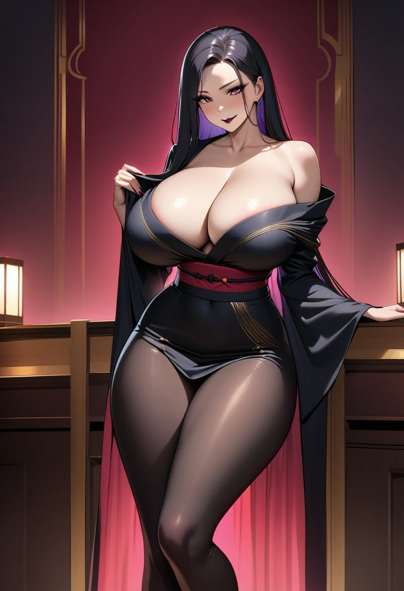 A bewitching 35-year-old Japanese widow, clad in a stunning black mourning kimono, stands solo beneath the eaves of a funeral parlor on a moonlit night. Her Chestnut French Roll Hair cascades down her back like a waterfall of darkness, while her dark red lips seem to whisper secrets to the shadows. Her hands rest delicately over her crotch, exuding an aura of mysterious allure as she surveys the somber surroundings with an air of seductive quietness., The white smoke from the incense sticks drifts thinly like mist., A background effect that represents swirling anxiety, (nsfw, masterpiece, incredibly absurd res, absolutely resolution, ultra high res, Mature Female, MILF, professional, vivid colors, perfect anatomy, ideal facial features, ideally proportioned figure, perfectly beautiful body, super detailed skin, glossy skin, glistening skin, Glamor, soft and curvy, body conscious, collarbone, cleavage, saggy huge breasts, evil seductive smile)