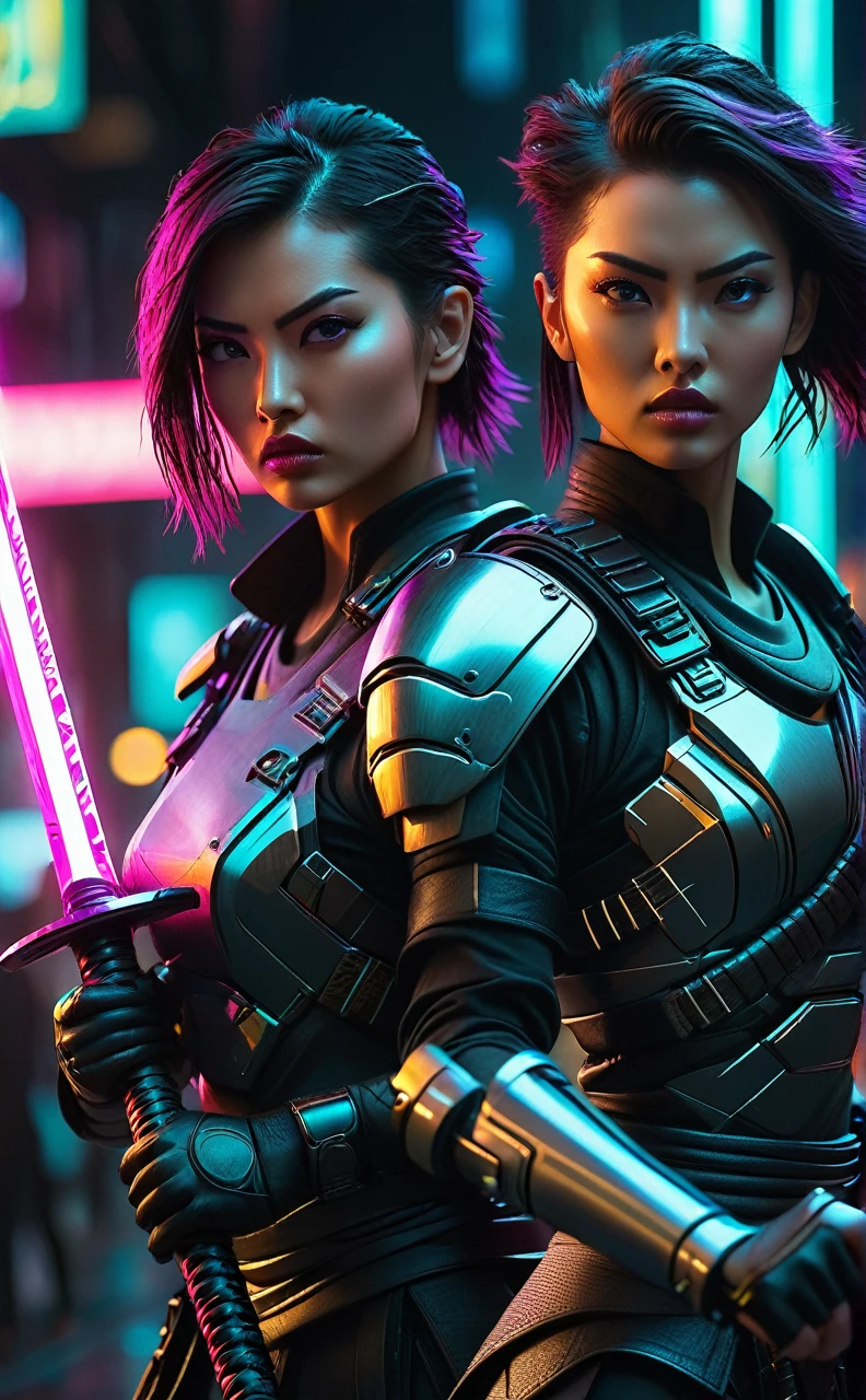 a futuristic combat scene, two strong women wielding katanas, (best quality,4k,8k,highres,masterpiece:1.2),ultra-detailed,(realistic,photorealistic,photo-realistic:1.37),extremely detailed women,beautiful detailed eyes,beautiful detailed lips,extremely detailed face,longeyelashes,highly detailed armor,advanced futuristic technology,glowing energy effects,dynamic motion blur,dramatic lighting,neon cyberpunk colors,cinematic composition