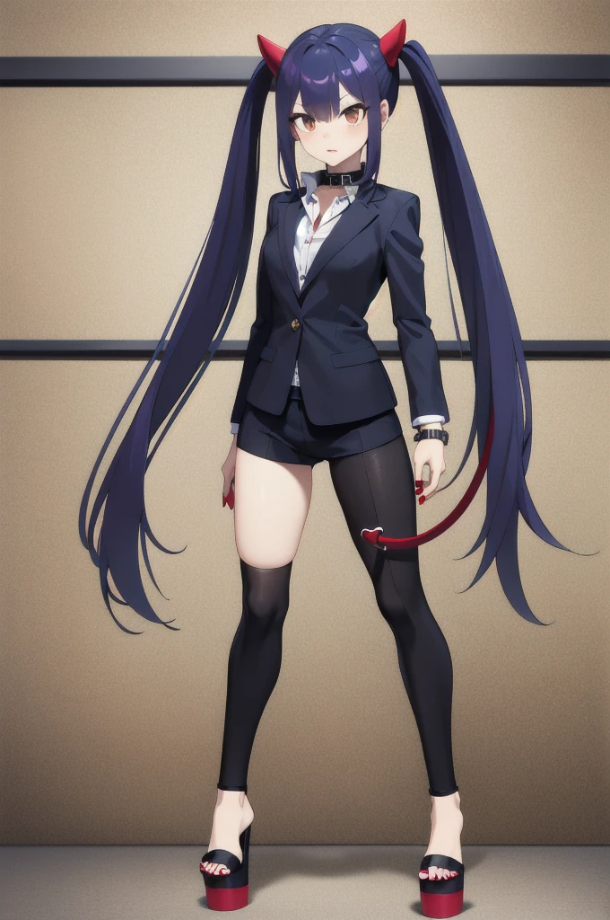 masterpiece, best quality, highres, aawendy, long hair, twintails, hair ornament, business suit, full body, red nails, open-toe platform high heels, spiked collar, spiked ankle bracelet, leash attached to collar