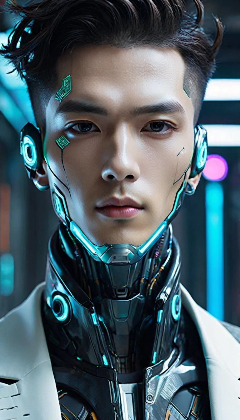 Character: An AI cyborg that clearly resembles a human but is clearly male with a symmetrical neck, attractive face, and stylish hair
Setting: Futuristic and exciting, with a cyberpunk aesthetic
Use colors and elements that convey a high-tech, near-future feel
