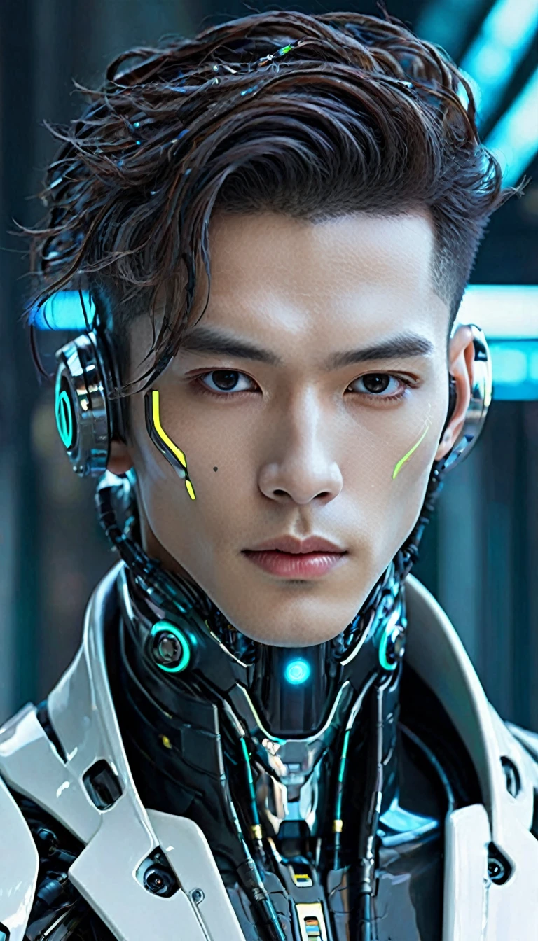 Character: An AI cyborg that clearly resembles a human but is clearly male with a symmetrical neck, attractive face, and stylish hair
Setting: Futuristic and exciting, with a cyberpunk aesthetic
Use colors and elements that convey a high-tech, near-future feel