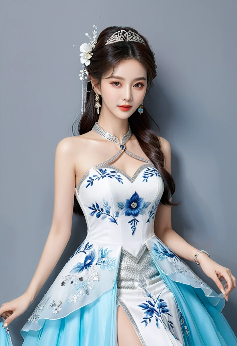 Realistic photo style, whole body 사진에 아름다운 아시아 소녀가 등장합니다., Wearing a unique ethnic style evening gown with delicate skin., bright and lively eyes, Thick eyelashes that look especially attractive. Long dresses are slim and elegant., Eye-catching silver jewelry and alcohol. The high-collar design adds an elegant atmosphere., Color of blue and white porcelain. using light and shadow, The vivid and harmonious appearance of the protagonist is highlighted... whole body, (masterpiece, best quality, professional, perfect composition, very aesthetic, absurd, very detailed, intricate details:1.3)
