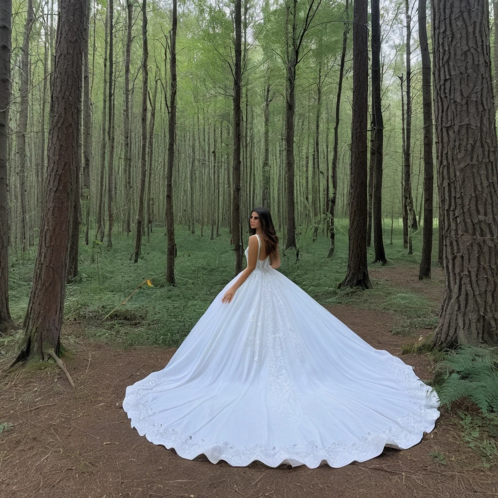 she is in the forest in a big white dress