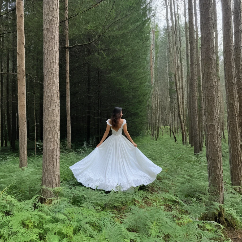 she is in the forest in a big white dress