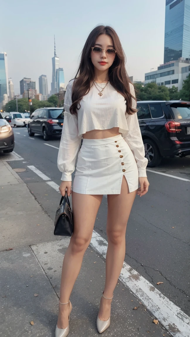 (pretty lady MoonLay standing on the streets of new york),(masterpiece, highest quality, Realistically, work, Very detailed, 8k), ((Wide-angle lens, Full body woman love)), 1 girl,light makeup,exquisite features,smile,exquisite crystal jewelry,heart shaped necklace,Crystal Headband,Light brown hair, Pompadour hairstyle, curl,Correct finger structure,White blouse、black super skintight mini skirt、Leather shoes,Long legs,Frontal standing posture ,Full body portrait,skyscrapers are hazy、Wearing sunglasses、