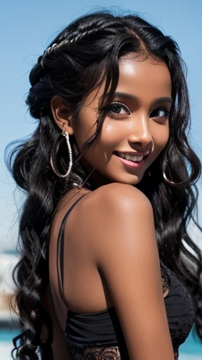 ((masterpiece))) whole body, (Somali Girl) ((black wavy hair, chignon hair, jet-black skin))), cyan eyes, Beautiful Eyes, 18-year-old girl.AKB. archaic smiling