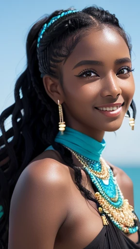 ((masterpiece、top-quality、ultra-definition、hight resolution))、4K picture quality、(Beautuful Women)、22year old、wetted skin、radiant eyes、perfect eyes、(Beautiful Egyptian sisters)、Blue theme, (maikurobikini:1.5),the beach, Background crowd、A sexy、((Curly hair in braids、Bun1))、(((facial close-up)))、