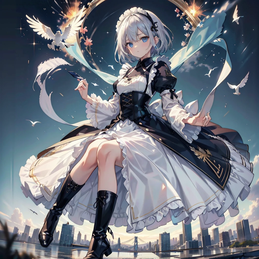 (masterpiece:1.6, Highest quality), (Fine and beautiful eyes: 1.2), Fiami, Yaminor, Ranpura, One girl, Flower Field, White Dress, planet, Starry Sky, petal, scenery, Floating Hair, night, No sleeve, Sun skirt, No sleeve dress, Illustration of one person, Dengeki Bunko, Woman Looking Back, Perfect Human Medicine, Woman keeps falling, {{{{{Maid clothes}}}}},Small Tits,anime, Two legs, Cool,{{{{{50 year old woman}}}}} ,{{{{{a person is depicted}}}}},(Official Art、{{{{{Upper Bodyアングル}}}}},Highest quality、Unity 8k wallpaper、32k、masterpiece、Ultra-detailed、Ultra-high resolution, Realistic、Grab your hair with your hands, Photorealistic:1.2)、(Cinema Lighting:1.2)、,Fire Glow Effect、The most grainy shadows on the film、Rim Light、Side light、Side Shot、(Ultra-detailedで複雑な3Dレンダリング)、Very short hair, Short wolf hair,細部までBeautiful Faceと目、Sharp pupils、Realistic生徒、Slender、Highly detailed background、Beautiful Face、Beautiful  girl、(Ultra-detailedなスキン、Detailed skin texture:1.Silver Hair:1.3)、Blunt bangs、blue eyes、{{{{{黒いMaid clothes}}}}}、White apron costume、Black knee socks、(Thighs Thighs Thighs Thighs:0.8)、Dancing on the Tower Roof、(avert your eyes、Overlooking the city:1.3)、Fantastic、Close your mouth and bite, Makes your face smaller, (Tabletop), Highest quality, Perfect Face, 1 Girl, alone, Eye color is light blue, Hair between the eyes, Very Short Hair, blue eyes, Silver Hair, Knee-high boots, corset,Black gloves, Long sleeve, Upper Body, Light and multiple flying birds,