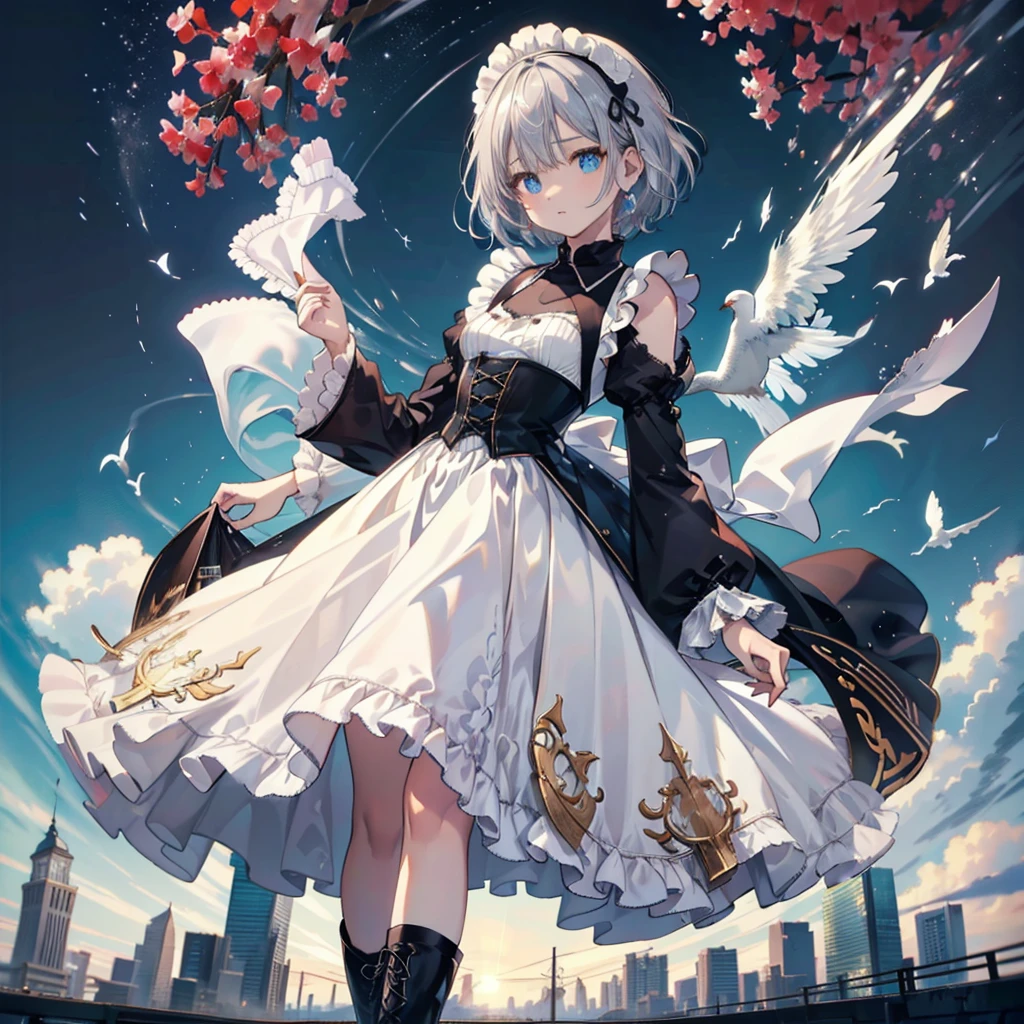 (masterpiece:1.6, Highest quality), (Fine and beautiful eyes: 1.2), Fiami, Yaminor, Ranpura, One girl, Flower Field, White Dress, planet, Starry Sky, petal, scenery, Floating Hair, night, No sleeve, Sun skirt, No sleeve dress, Illustration of one person, Dengeki Bunko, Woman Looking Back, Perfect Human Medicine, Woman keeps falling, {{{{{Maid clothes}}}}},Small Tits,anime, Two legs, Cool,{{{{{50 year old woman}}}}} ,{{{{{a person is depicted}}}}},(Official Art、{{{{{Upper Bodyアングル}}}}},Highest quality、Unity 8k wallpaper、32k、masterpiece、Ultra-detailed、Ultra-high resolution, Realistic、Grab your hair with your hands, Photorealistic:1.2)、(Cinema Lighting:1.2)、,Fire Glow Effect、The most grainy shadows on the film、Rim Light、Side light、Side Shot、(Ultra-detailedで複雑な3Dレンダリング)、Very short hair, Short wolf hair,細部までBeautiful Faceと目、Sharp pupils、Realistic生徒、Slender、Highly detailed background、Beautiful Face、Beautiful  girl、(Ultra-detailedなスキン、Detailed skin texture:1.Silver Hair:1.3)、Blunt bangs、blue eyes、{{{{{黒いMaid clothes}}}}}、White apron costume、Black knee socks、(Thighs Thighs Thighs Thighs:0.8)、Dancing on the Tower Roof、(avert your eyes、Overlooking the city:1.3)、Fantastic、Close your mouth and bite, Makes your face smaller, (Tabletop), Highest quality, Perfect Face, 1 Girl, alone, Eye color is light blue, Hair between the eyes, Very Short Hair, blue eyes, Silver Hair, Knee-high boots, corset,Black gloves, Long sleeve, Upper Body, Light and multiple flying birds,