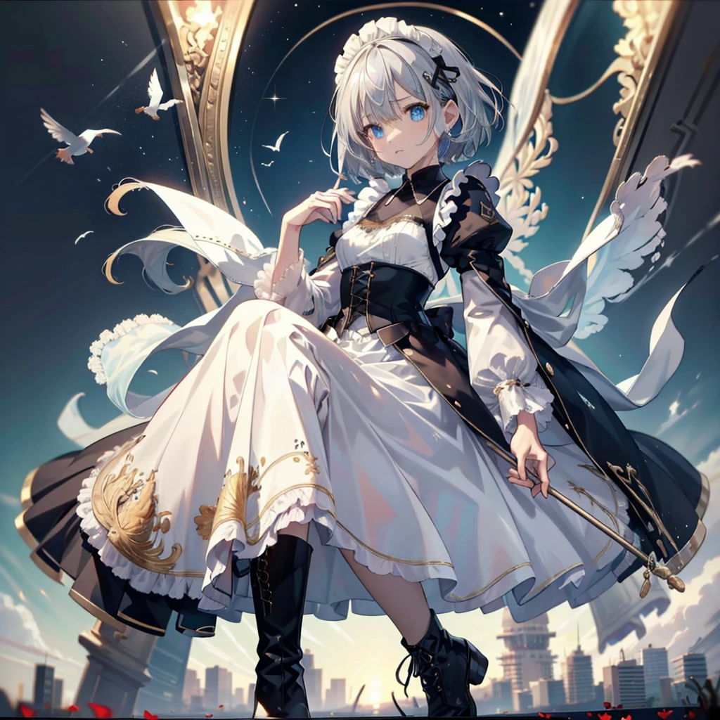 (masterpiece:1.6, Highest quality), (Fine and beautiful eyes: 1.2), Fiami, Yaminor, Ranpura, One girl, Flower Field, White Dress, planet, Starry Sky, petal, scenery, Floating Hair, night, No sleeve, Sun skirt, No sleeve dress, Illustration of one person, Dengeki Bunko, Woman Looking Back, Perfect Human Medicine, Woman keeps falling, {{{{{Maid clothes}}}}},Small Tits,anime, Two legs, Cool,{{{{{50 year old woman}}}}} ,{{{{{a person is depicted}}}}},(Official Art、{{{{{Upper Bodyアングル}}}}},Highest quality、Unity 8k wallpaper、32k、masterpiece、Ultra-detailed、Ultra-high resolution, Realistic、Grab your hair with your hands, Photorealistic:1.2)、(Cinema Lighting:1.2)、,Fire Glow Effect、The most grainy shadows on the film、Rim Light、Side light、Side Shot、(Ultra-detailedで複雑な3Dレンダリング)、Very short hair, Short wolf hair,細部までBeautiful Faceと目、Sharp pupils、Realistic生徒、Slender、Highly detailed background、Beautiful Face、Beautiful 16 year old girl、(Ultra-detailedなスキン、Detailed skin texture:1.Silver Hair:1.3)、Blunt bangs、blue eyes、{{{{{黒いMaid clothes}}}}}、White apron costume、Black knee socks、(Thighs Thighs Thighs Thighs:0.8)、Dancing on the Tower Roof、(avert your eyes、Overlooking the city:1.3)、Fantastic、Close your mouth and bite, Makes your face smaller, (Tabletop), Highest quality, Perfect Face, 1 Girl, alone, Eye color is light blue, Hair between the eyes, Very Short Hair, blue eyes, Silver Hair, Knee-high boots, corset,Black gloves, Long sleeve, Upper Body, Light and multiple flying birds,