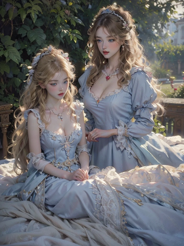 woman, seductive stare, ((((beautiful golden eyes, sweetlolita)))), ((18 yo, detailed face, feminine skin)) , fit , (young) , beautiful , (((pale skin, wavy blonde hair))), dreamy, loving stare, bright magical fairytale fantasy atmosphere, sexy, flowers in hair, surrounded by flowers, happy, playful, ((big soft heavy breasts, busty cleavage, maid, huge tits)), in love, magical mist energy, hair flower, blush, pretty, elegant, cute, youthful, teen, teenager, ((((choker, collar)))), ((huge hanging boobs)), (((Baroque court dress, fantasy, aesthetic of softness and gentleness and innocence and fertility, ruby necklace)))