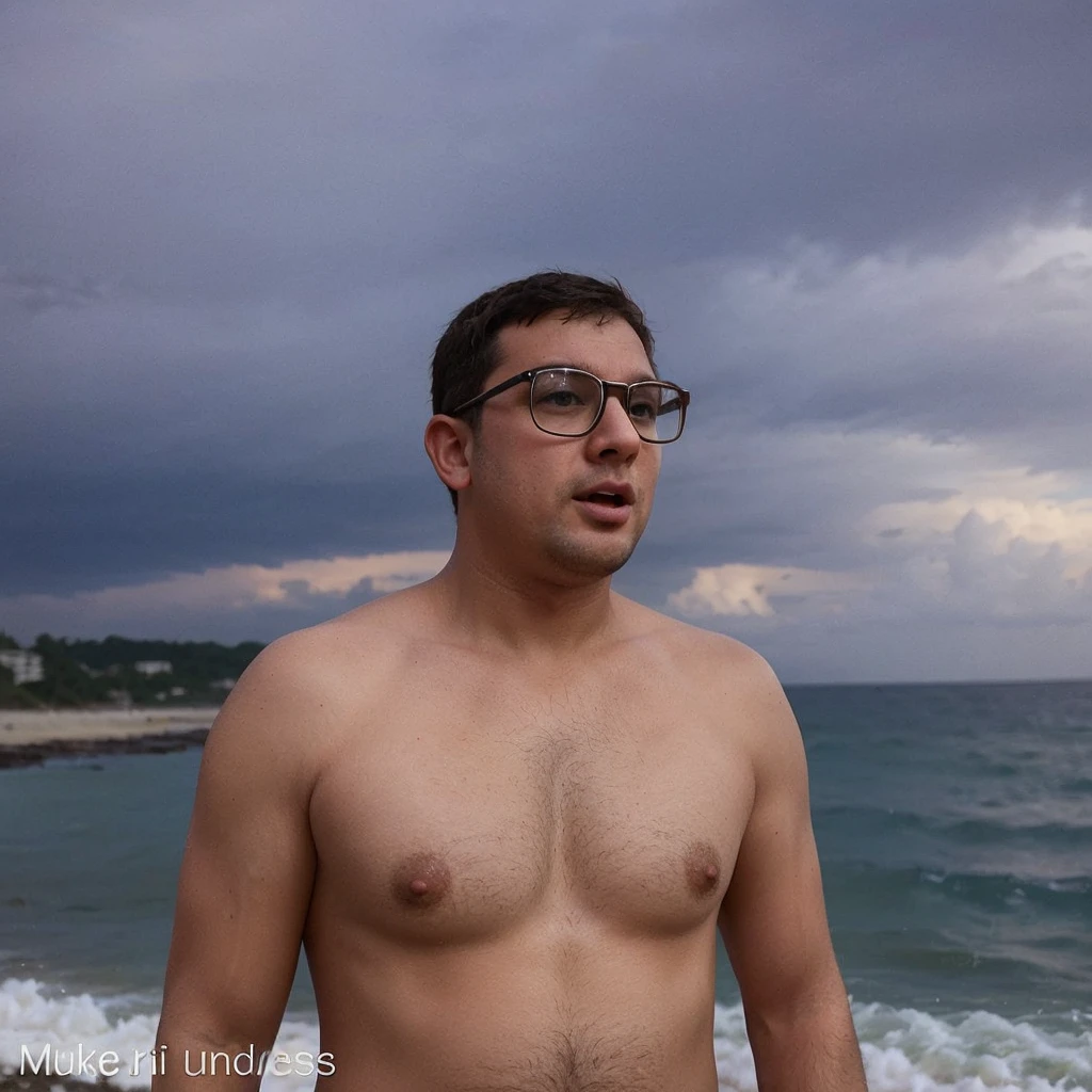 a chubby, bespectacled man masturbating, naked, barefoot on the beach, showing feet