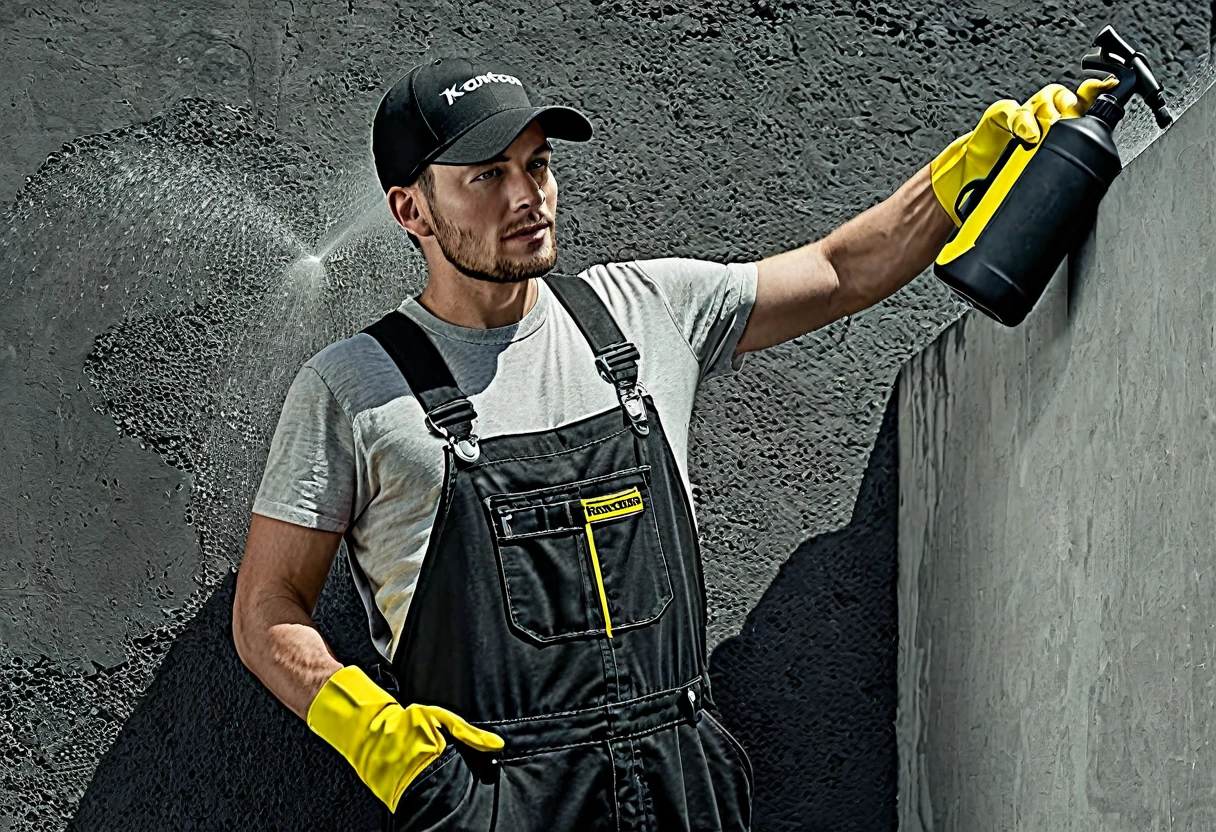 guy wearing working overalls and black cap , leaning on wall , holding water karcher with his two hands